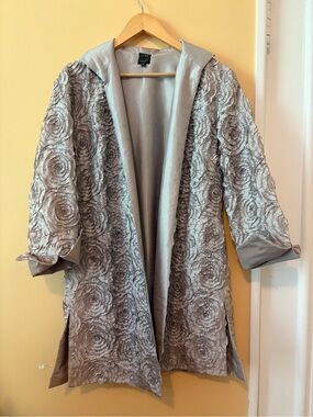 Silver Textured Floral Open-Front Pea Coat by Christopher & Banks